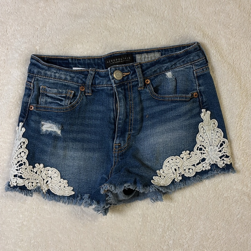 Aéropostale High Waisted Shorty Short Navy Denim with Lace Detail
